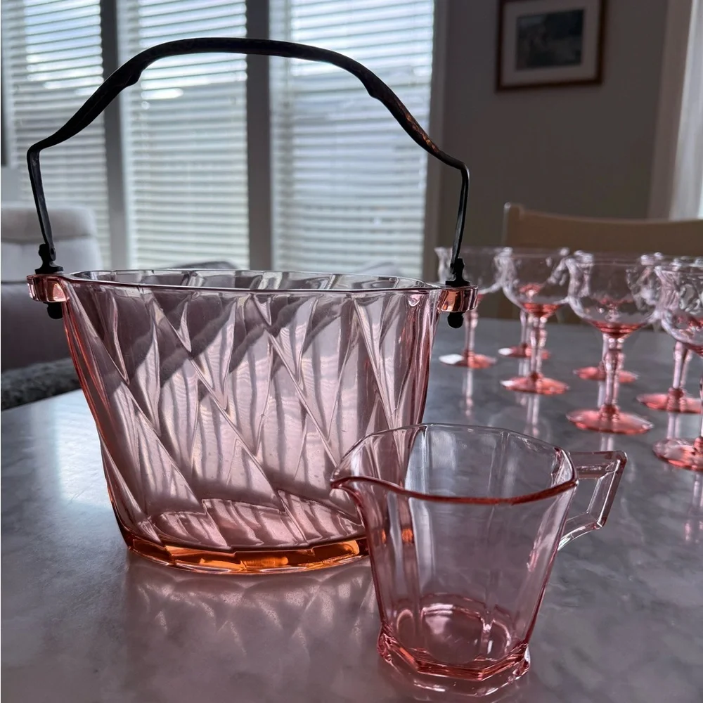Vintage Pink Glass Ice Bucket and Creamer Set